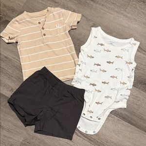 Neutral Stripe Henley, Shark Print Onesie & Black Baby Shorts Set carters 18m